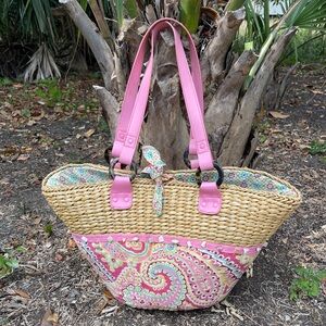 Vera Bradley retired Capri Melon pink paisley & straw beach bag tote